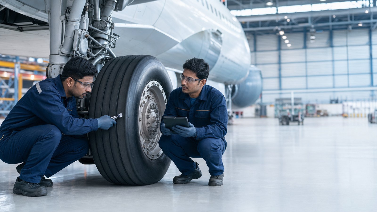 Aircraft landing gear tyre inspection by aviation tyre support team