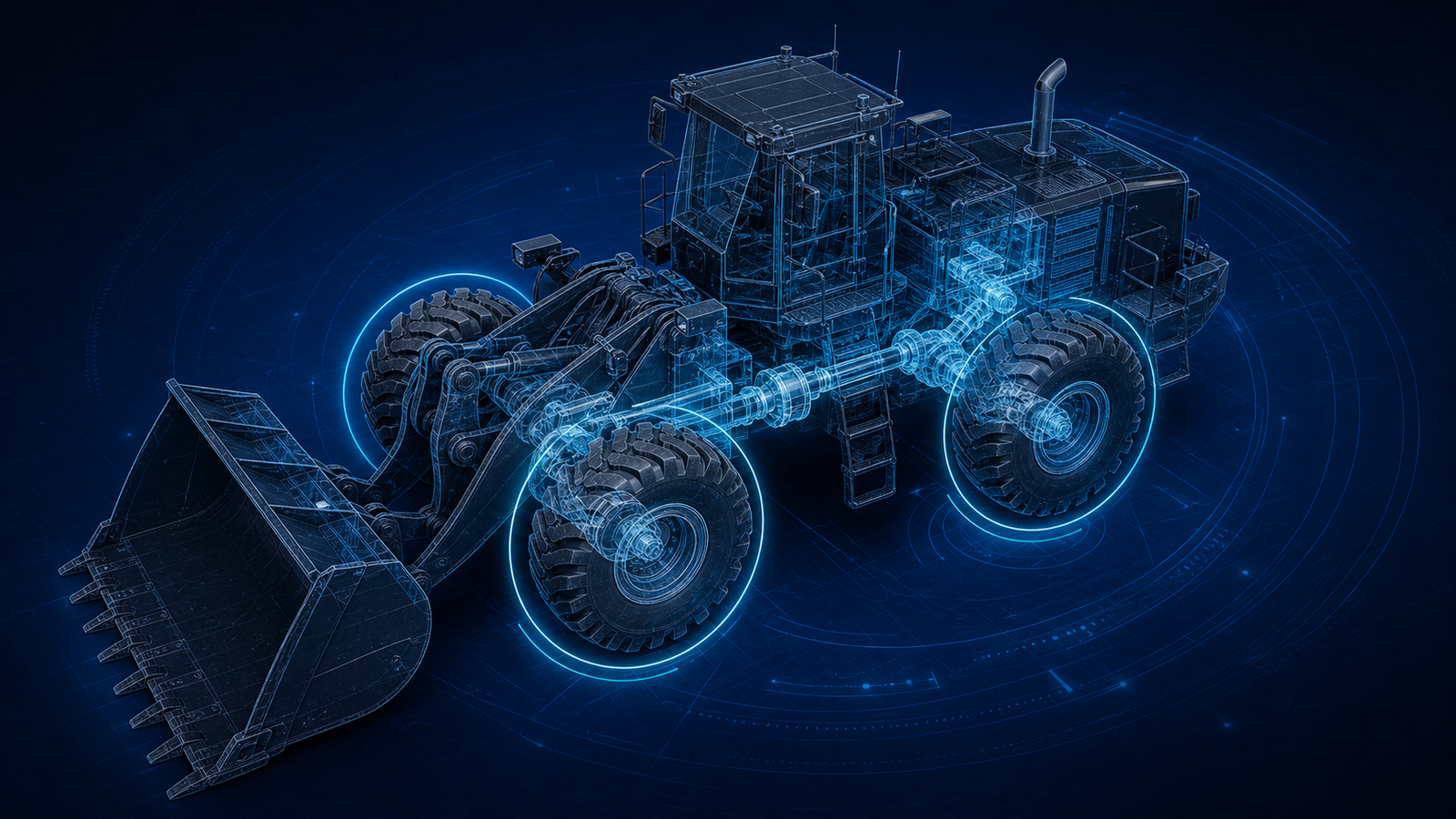 Digital tyre physics illustration showing loader tyre load and operating analysis