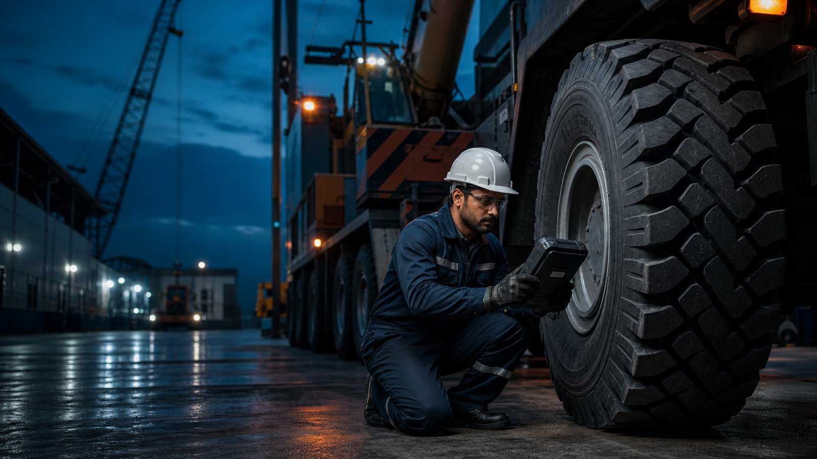 Technician inspecting a mobile crane tyre in an industrial yard