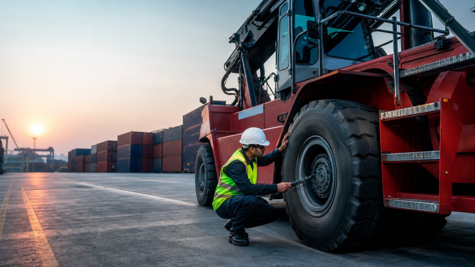 Tyre specialist inspecting a reach stacker tyre at a port terminal